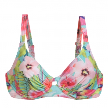 Top de bikini con aros color turquesa con estampado
