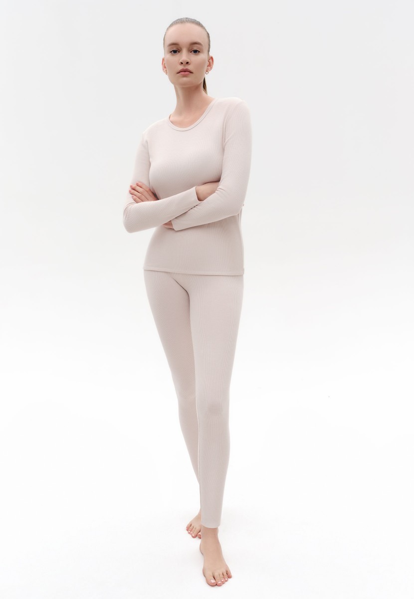 Seamless Double Layer Beige Thermal Leggings Set For Women And Men