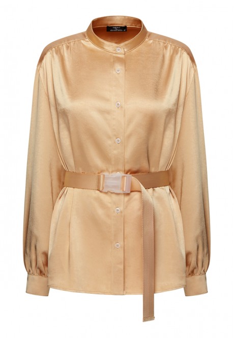 Сатинированная блузка с поясом цвет персиковый