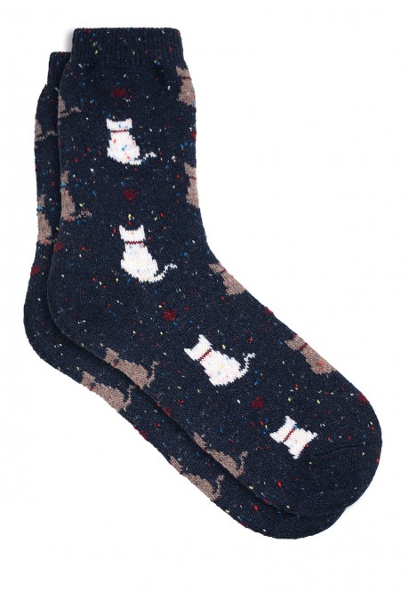 Wool Socks with a Cat Print blue