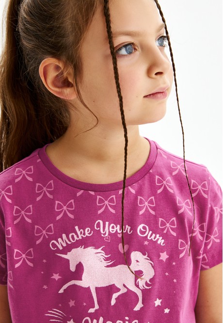 Tricou cu imprimeu pentru fete culoare fuchsia