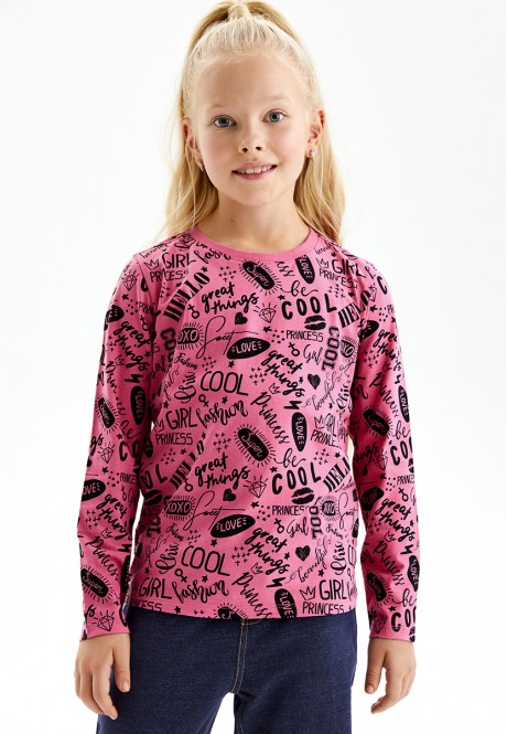 Tricou cu mâneci lungi și imprimeu pentru fete culoare roz