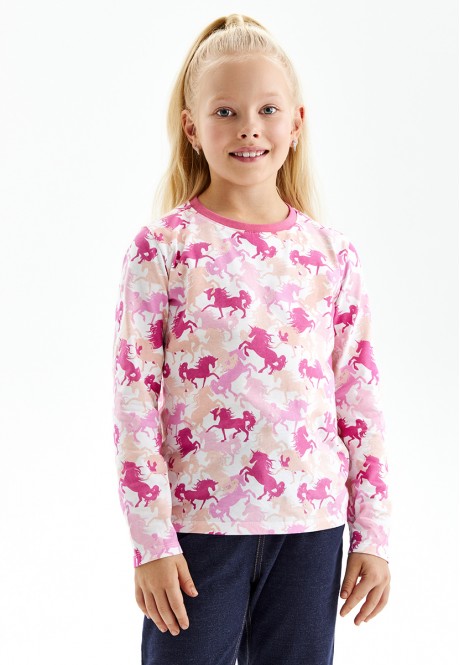 გრძელმკლავიანი ტრიკოტაჟის მაისური პრინტით გოგონებისთვის ვარდისფერი