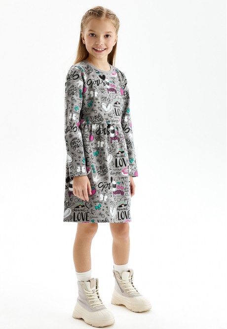 Трикотажное платье с принтом для девочки цвет светлосерый меланж