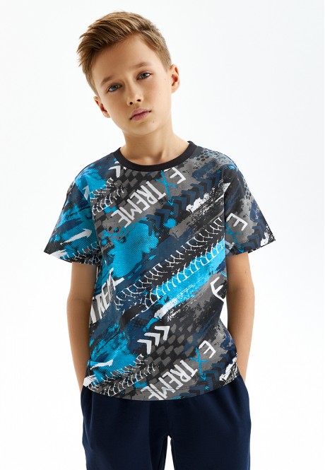 Tricou din tricot cu mâneci scurte pentru băieți culoare albastră