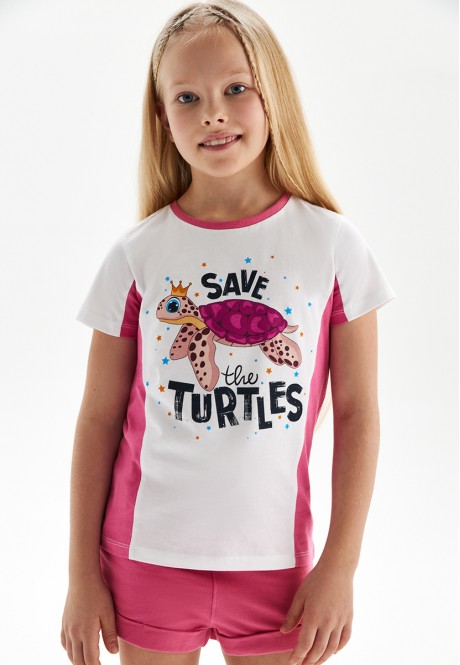 Хэвлэмэл зурагтай өнгөт блок хэв загварын охидын футболк ягаан өнгөтэй 