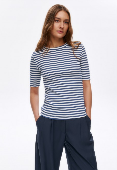Футболка женская в рубчик, цвет белый/синий, размер XS