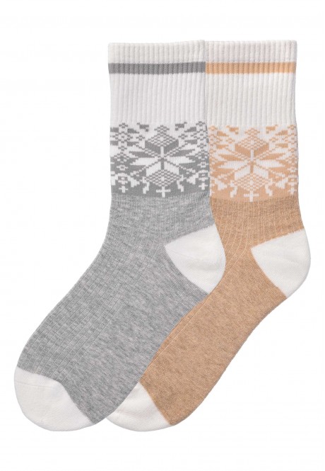 SO394 Носки с орнаментом женские, цвет серый меланж / бежевый меланж, размер 36-38