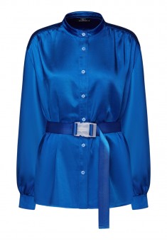 Blusa satinada con cinturón color azul vivo