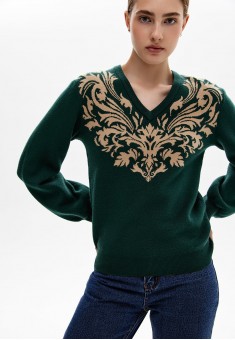 Pulover tricotat cu model jacquard culoare verdeînchis
