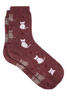 Wool Socks with a Cat Print burgundy