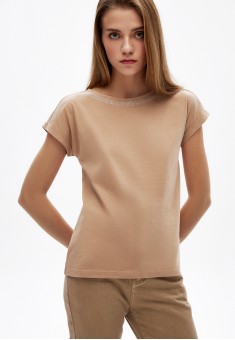 jersey de punto de manga corta para mujer color beige