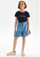 Tricou cu fundă decorativă și imprimeu pentru fete culoare albastrăînchis